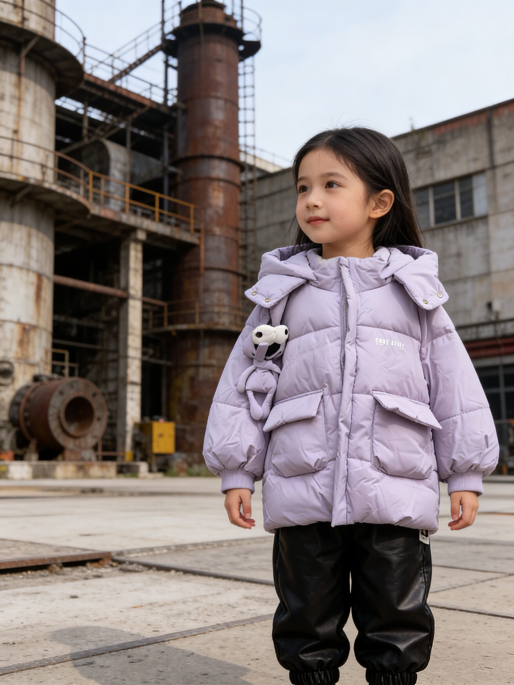 女中童冬装加厚加绒保暖中长棉服棉衣女孩冬季卡通连帽棉袄外套紫