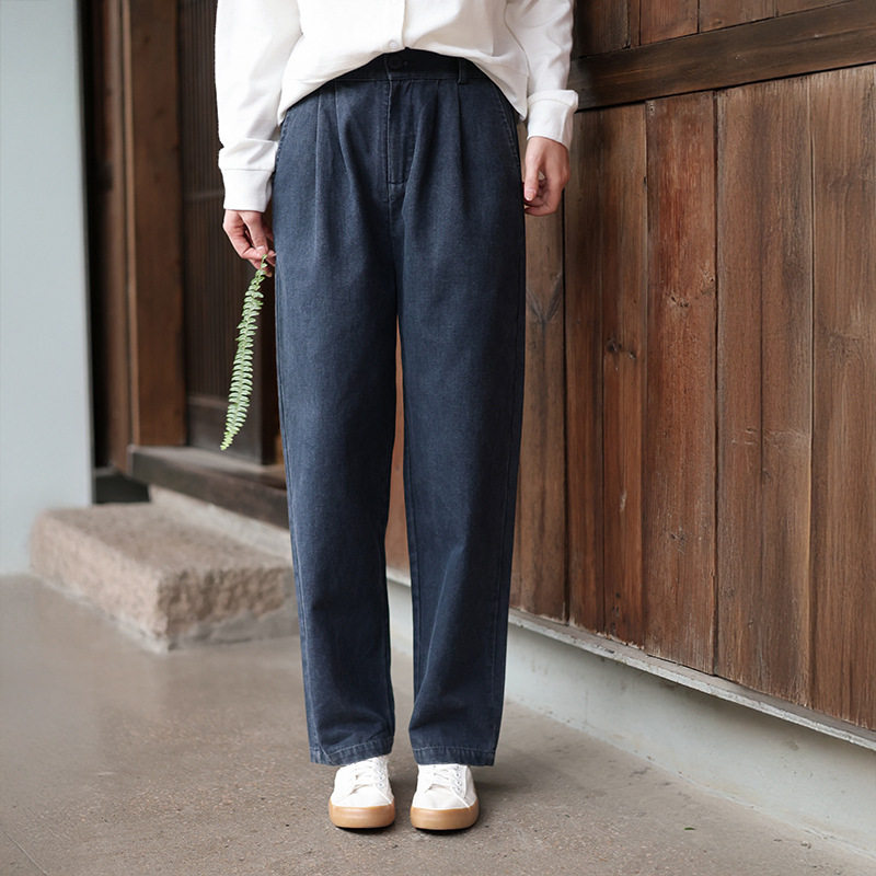 栖棠.春 原创复古文艺水洗棉休闲裤百搭半松紧高腰显瘦收腿萝卜裤