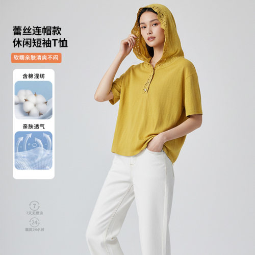 女装新款上衣夏季设计款蕾丝连帽半门襟短袖休闲舒适显瘦宽松T恤
