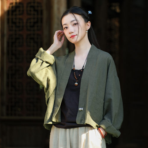 栖棠.春 原创复古文艺苎麻砂洗做旧衬衫上衣女拼色盘扣短开衫外套