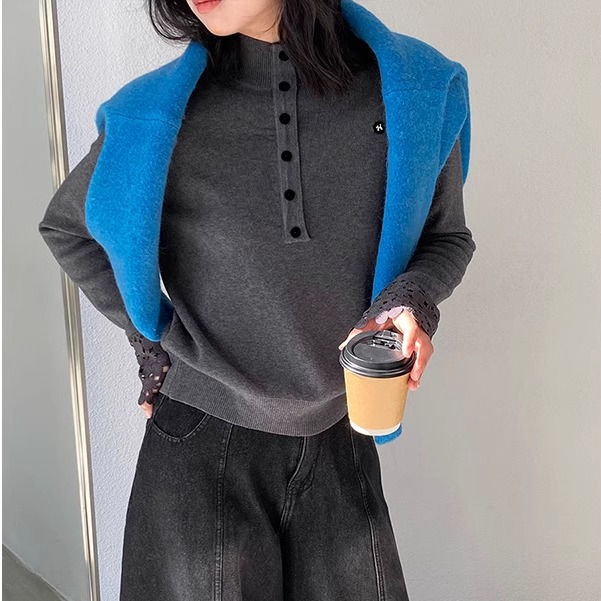 自制2025秋冬韩版洋气时髦小众设计感半排扣高领女秋冬针织打底衫