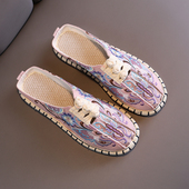 老麻坊绣花鞋 千层底布底民族风女士低跟复古凉拖鞋 刺绣棉麻包头拖
