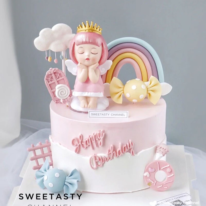 云上爱莎天使娃娃摆件小女孩宝宝生日蛋糕装饰摆件软陶大彩虹插件