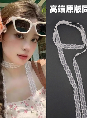 白色蕾丝飘带系带设计感项链女纯欲温柔百搭细窄长条丝巾锁骨颈带