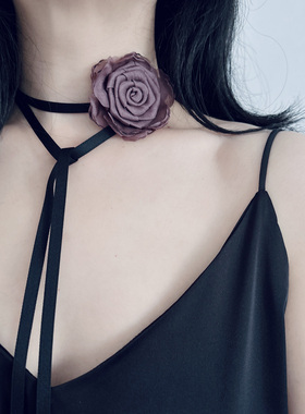 法式超仙紫色玫瑰花朵系带项链绑带choker长款颈链锁骨链防过敏女