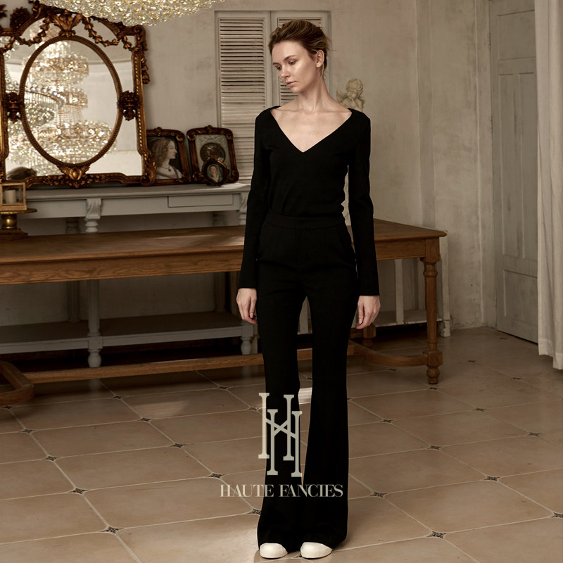 基础款 HAUTE FANCIES后构想 | 黑色高弹舒适V领长袖T打底衫春夏