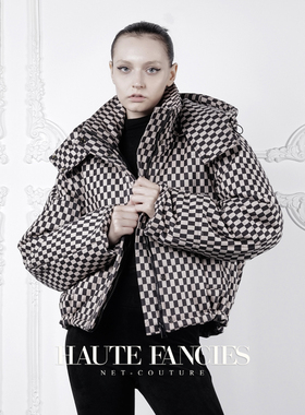 睿智的棋盘格 HAUTE FANCIES后构想｜黑棕色高领连帽羽绒棉棉服女