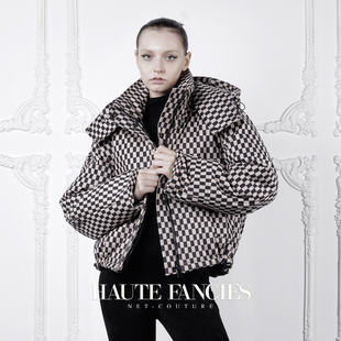 FANCIES后构想｜黑棕色高领连帽羽绒棉棉服女 HAUTE 睿智 棋盘格
