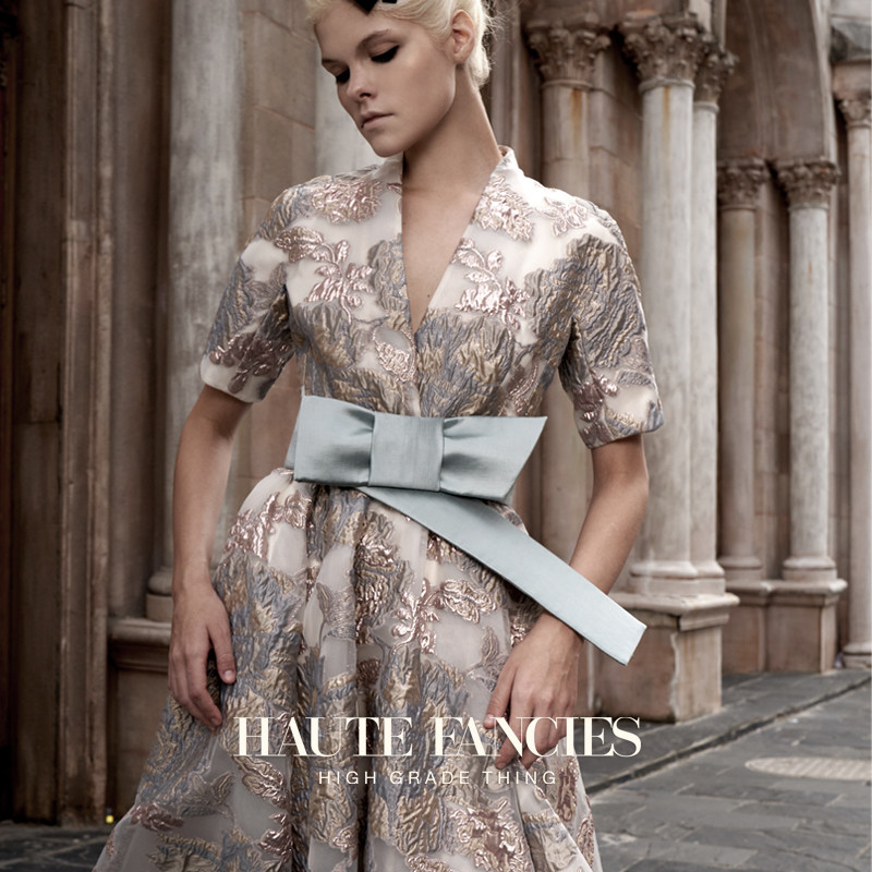 欧洲浮雕提花 HAUTE FANCIES后构想 | 法式宽蝴蝶结高腰A摆小洋裙