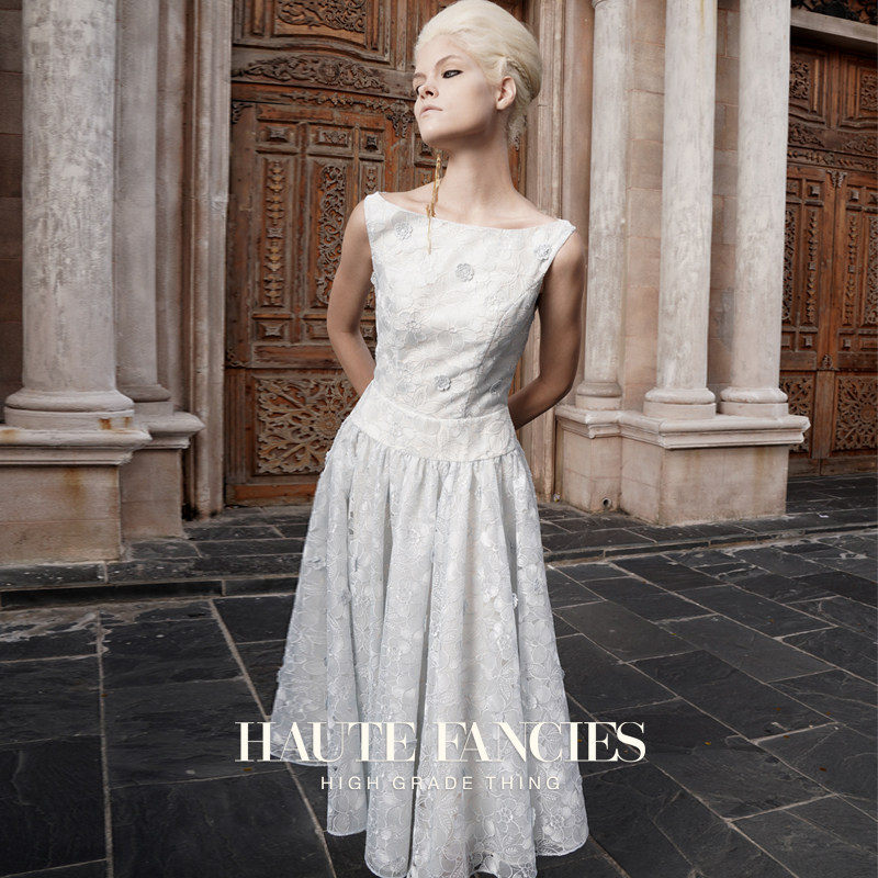 立体花朵HAUTE FANCIES后构想 | 淡蓝法式复古低腰一字领连衣裙