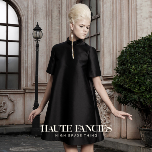 黑色丝毛立领小A摆连衣裙短裙 FANCIES后构想 精工手缝 HAUTE