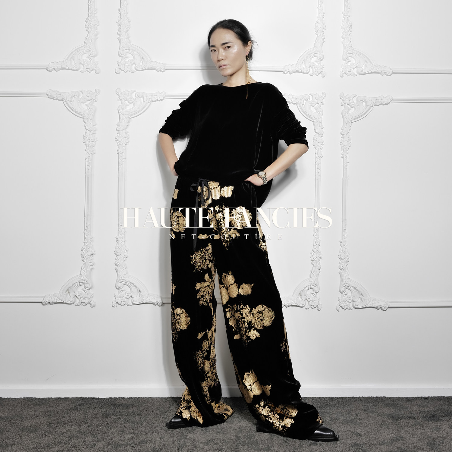 【HAUTE FANCIES后构想】法式黑金真丝丝绒橡筋腰系带垂坠阔腿裤