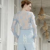 一字领半透明上衣 FANCIES后构想｜湖水蓝法式 悬浮蕾丝蝴蝶 HAUTE