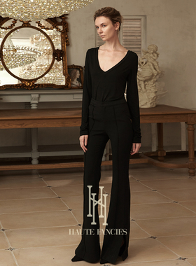 基础款HAUTE FANCIES后构想|黑色高弹舒适大V领t恤打底衫秋冬