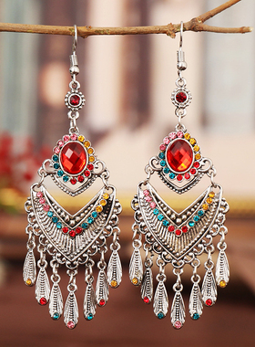 民族风复古S925银勾耳环女气质长款显脸瘦耳坠配汉服旗袍古风耳饰