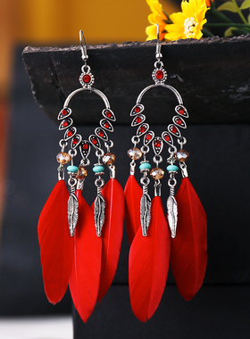 新款民族风孔雀羽毛耳环女波西米亚镶钻米珠耳坠长款流苏复古耳饰