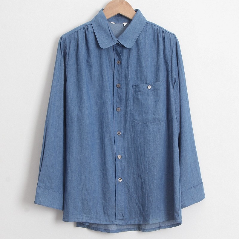 外贸原单女装日系文艺小清新娃娃领单排扣宽松棉质牛仔长袖衬衫潮