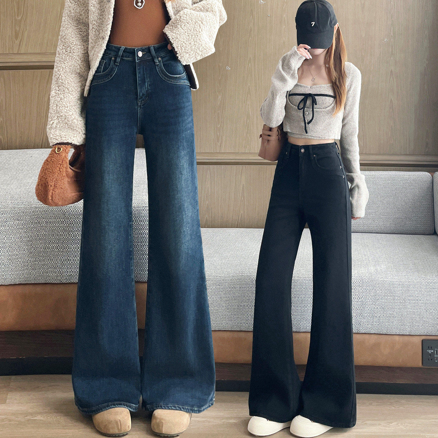 加绒微喇牛仔裤女学生冬季新款高腰显高显瘦宽松垂感加厚喇叭裤子