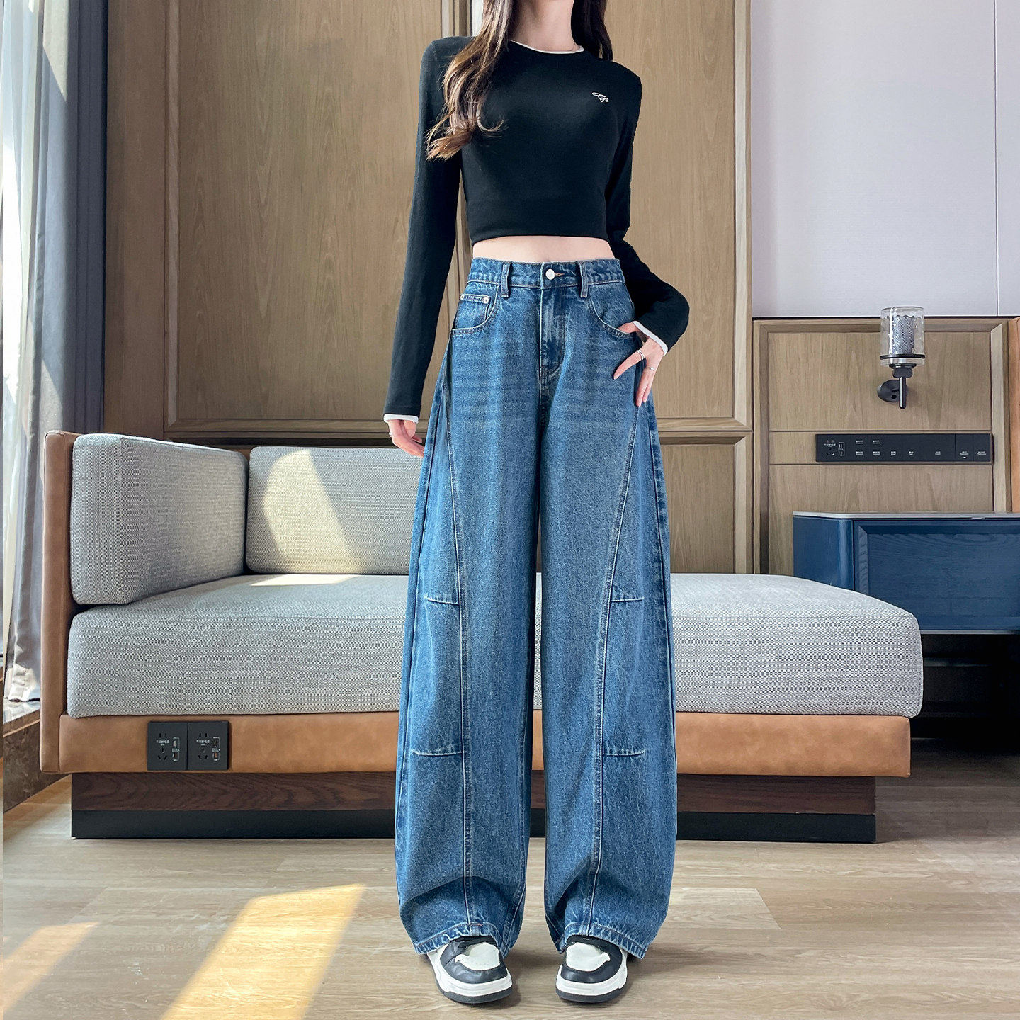 弯刀牛仔裤女学生秋季新款高腰宽松百搭显瘦阔腿裤胯大腿粗香蕉裤