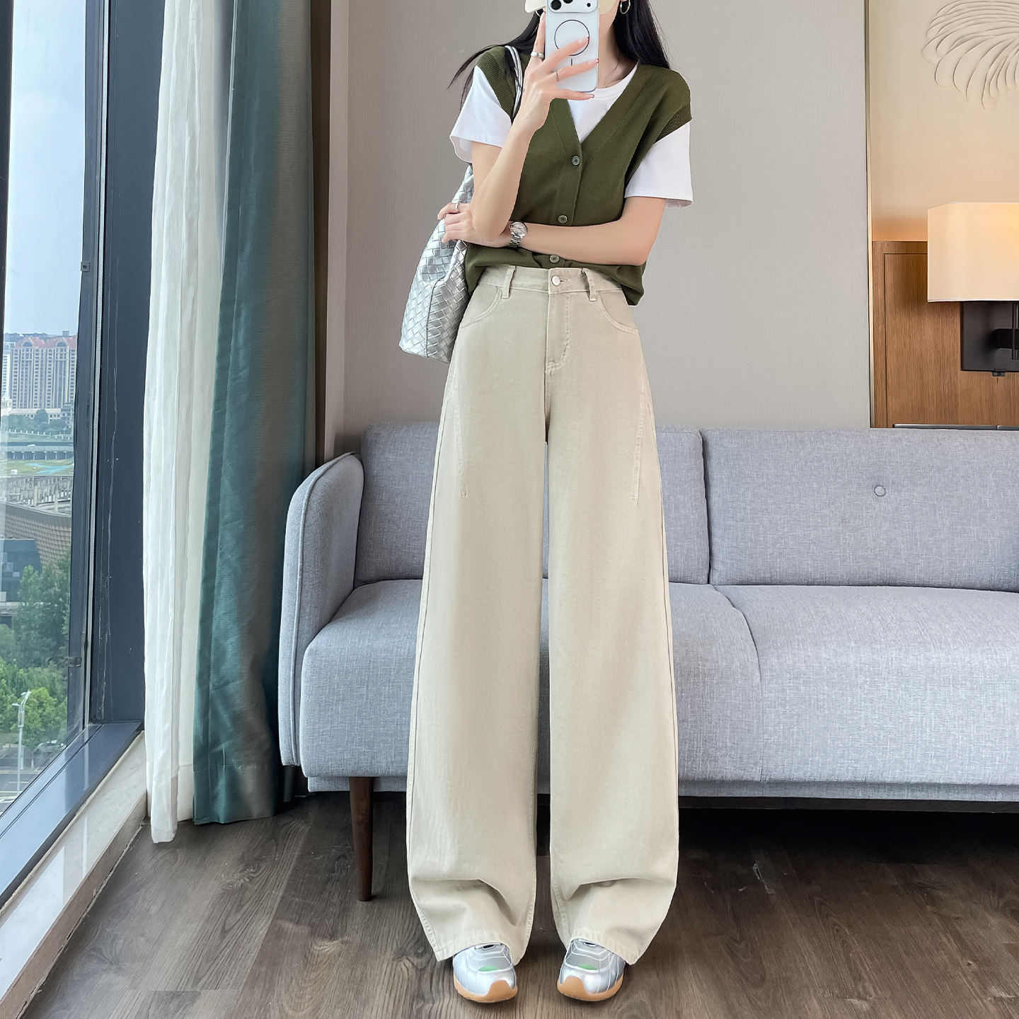 深蓝色弯刀牛仔裤女学生春秋新款宽松香蕉高腰显瘦垂感遮跨阔腿裤
