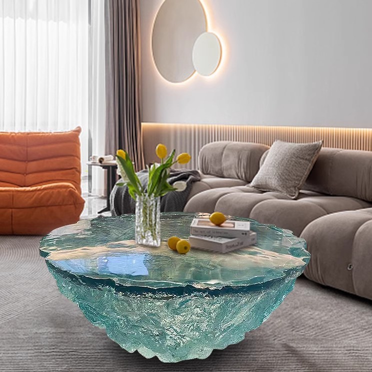 别墅客厅高档轻奢蓝色海洋茶几桌子透明树脂圆桌定制设计师艺术款