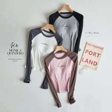 2025新款睡衣带胸垫内搭春秋季修身显瘦插肩长袖T恤打底衫上衣女