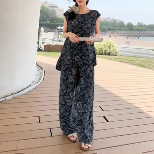 年轻人外穿棉绸衣服夏日睡衣女无袖 薄款 人造棉漂亮出门家居服套装