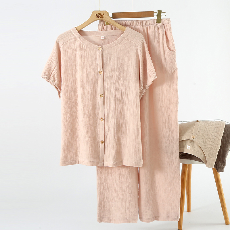 女纯棉绉布纯色家居服