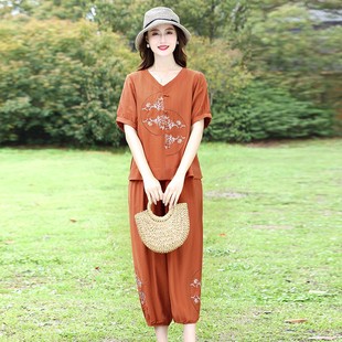 中年妈妈家居服 新中式 国风可外穿冰丝睡衣女士夏季 宽松短袖 九分裤
