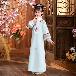 女童格格服冬装小女孩清朝宫廷舞蹈演出服装儿童满族旗服加绒加厚