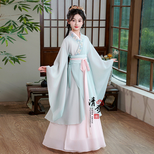 战国袍汉服女童超仙春款唐装魏晋风大袖衫儿童古装国风交领演出服