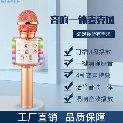 WS858L带灯话筒音响一体电容麦克风k歌宝无线蓝牙儿童卡拉OK