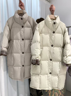 韩国东大门格纹新国标90白鸭绒立领单排扣休闲加厚羽绒服女中长款