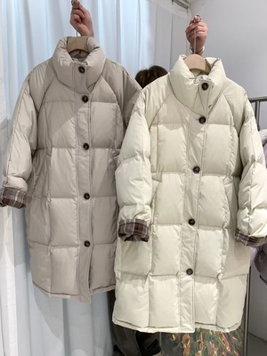 韩国东大门格纹新国标90白鸭绒立领单排扣休闲加厚羽绒服女中长款