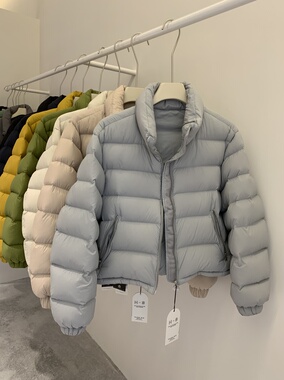 韩国东大门灰蓝色羽绒服女短款立领加厚保暖90白鸭绒面包服外套