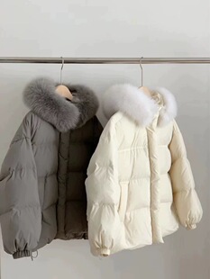狐狸毛大毛领羽绒服女短款连帽90白鸭绒面包服加厚外套