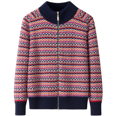 拉链半高领针织外套100纯山羊绒