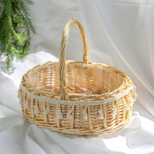 场景布置拍照道具藤编手提婚礼编织手工篮子野餐篮鲜花篮摄影道具