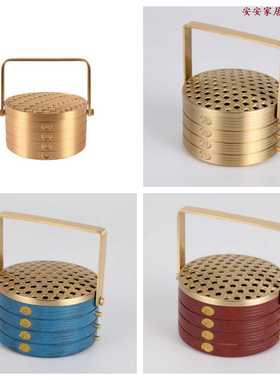 中式蒸蒸日上收纳盒居家纯黄铜摆件香薰储物罐茶叶罐提篮黄铜礼品