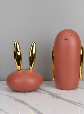 电镀金色长耳朵兔子砖红色创意小鸟老鹰动物雕塑摆件树脂工艺品