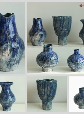 中式苍蓝陶瓷花瓶花器侘寂风民宿风软装饰品家居样板房桌面茶几