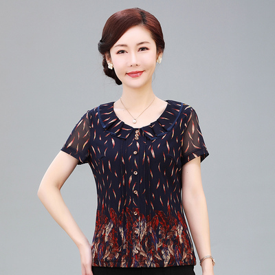 竹语声短袖深蓝台湾纱t恤妈妈装