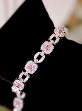 新款925纯银精镶嵌粉色锆石手链