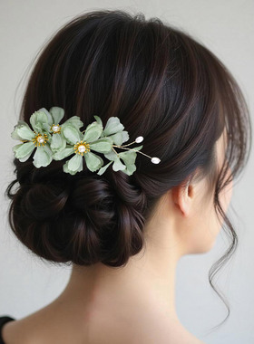清新优雅绿色花朵发夹侧边夹头饰古风旗袍汉服绢花发饰新中式发卡