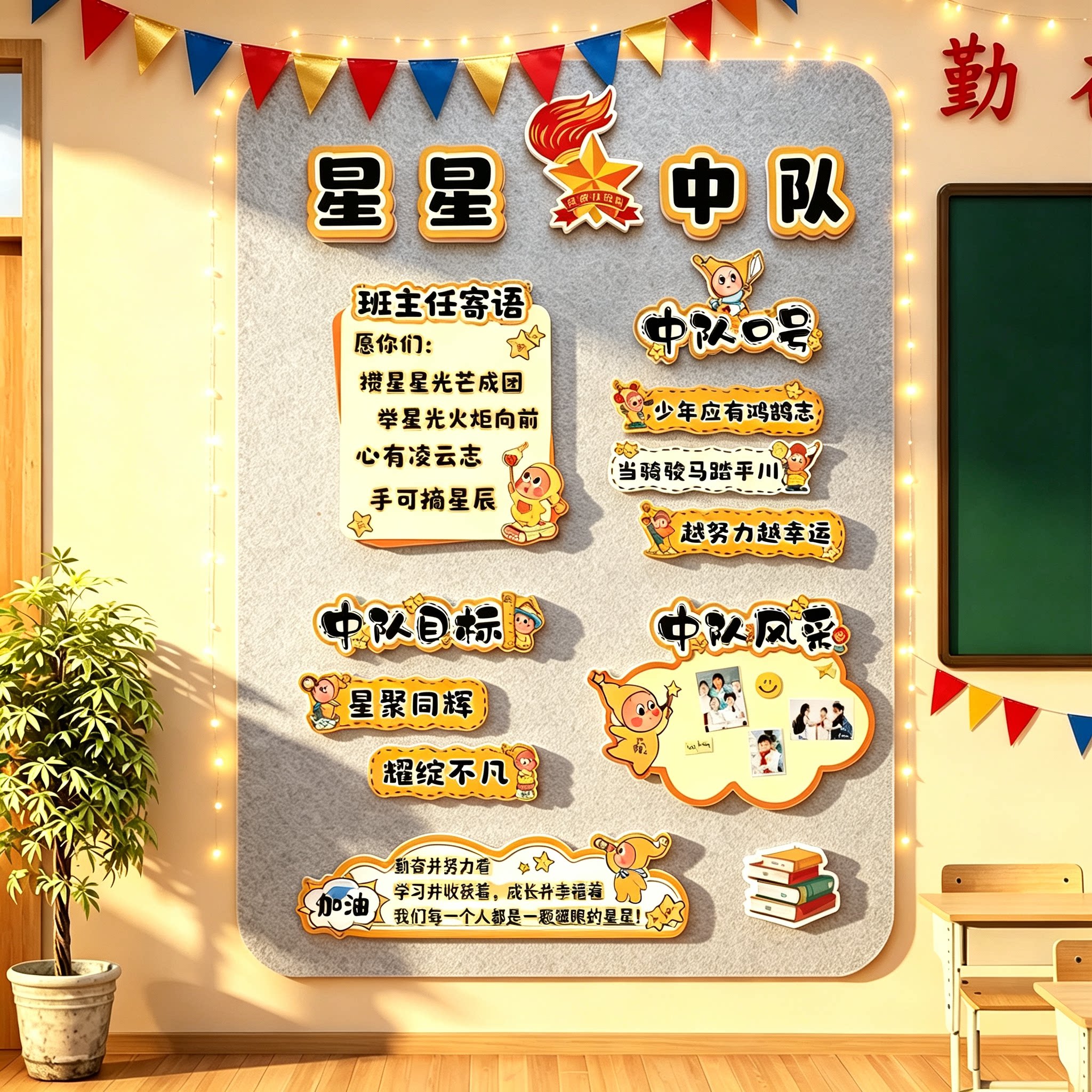 星星中队角教室黑板报墙贴红色