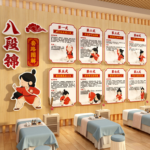 八段锦挂图文化墙面壁画宣传养生馆中医氛围背景装饰形象布置健身