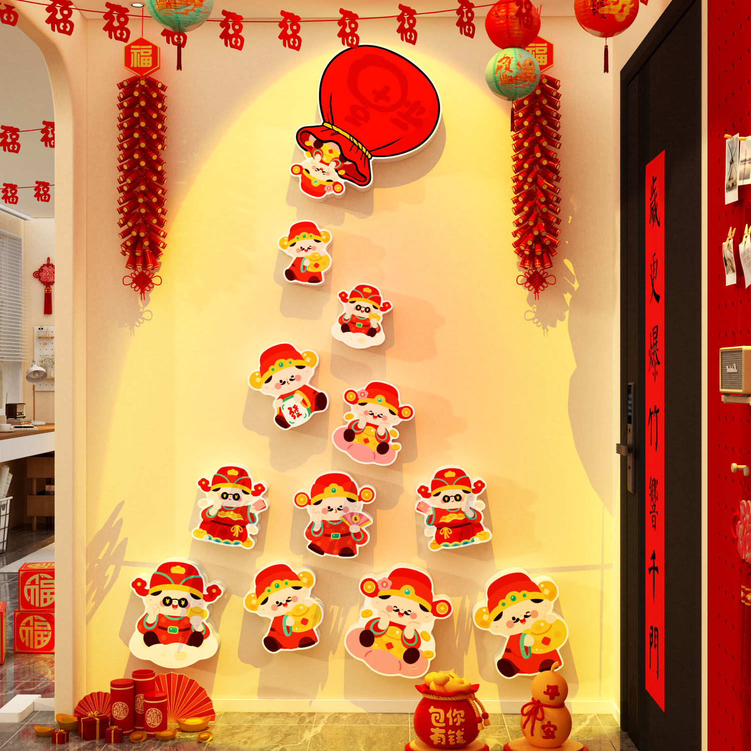 2026过马新年财神爷装饰品电视机背景墙面贴纸画春节元旦氛围布置