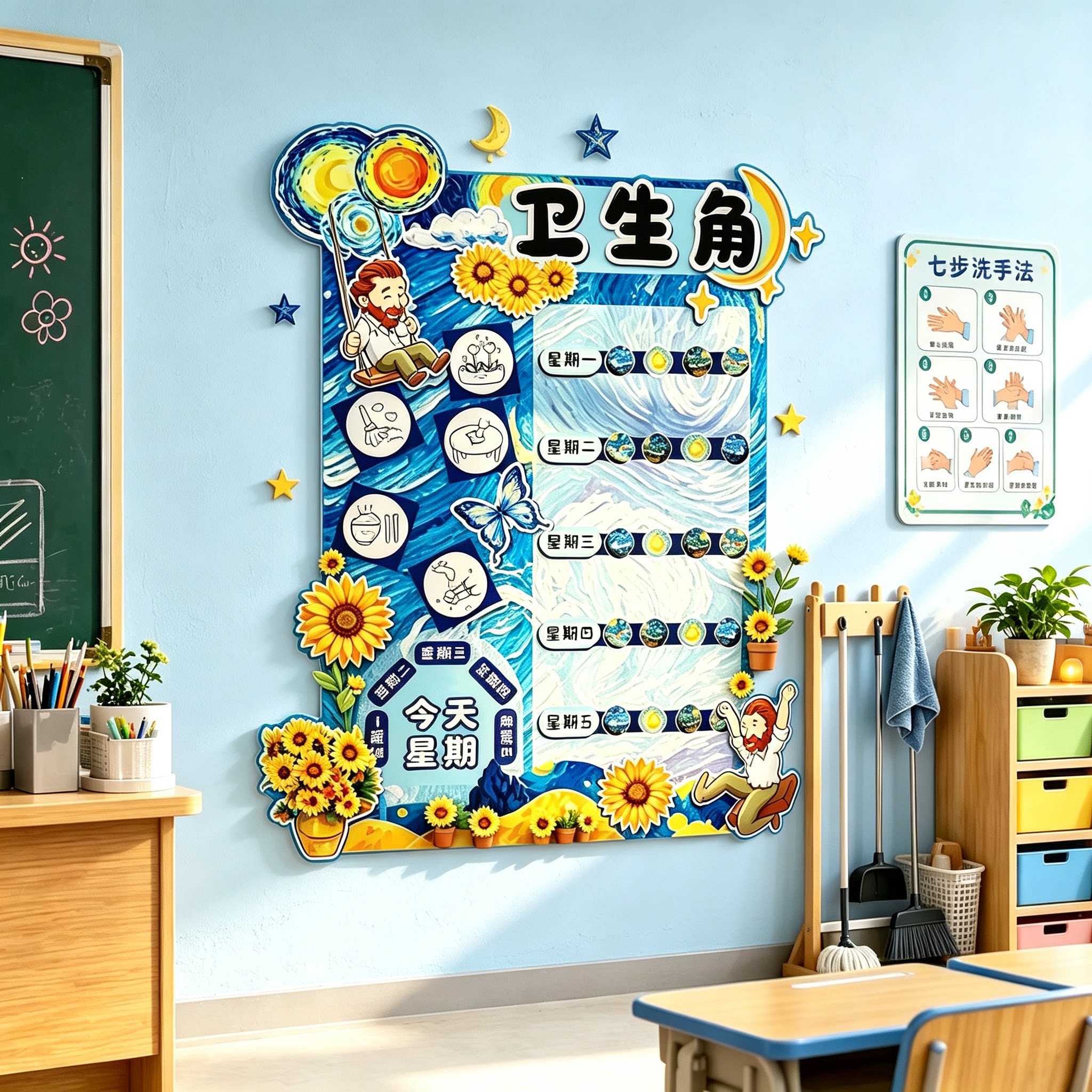 教室卫生角文化墙贴面布置装饰黑板班级氛围开学幼儿园值日生环创