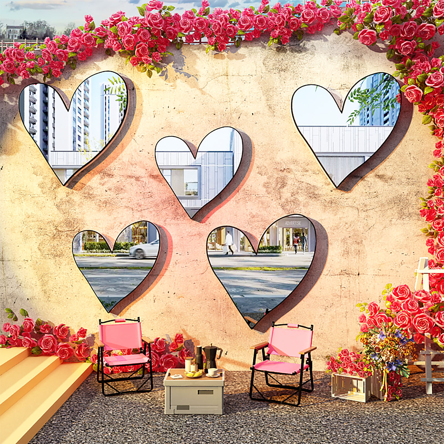 爱心镜子涂鸦网红打卡拍照区布置造景背场蛋糕咖啡店氛围墙面装饰