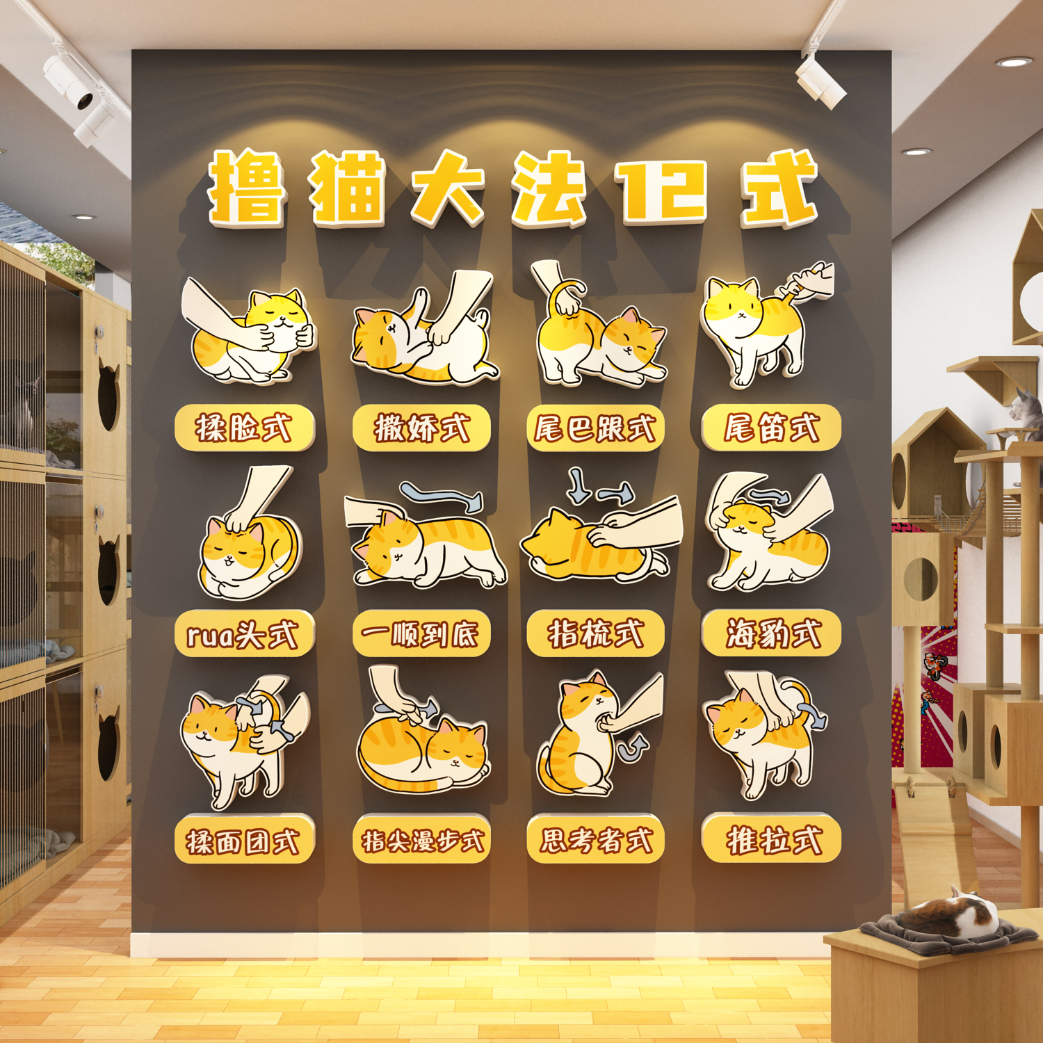 网红打卡撸猫咪说明书馆咖贴纸氛围布置形象部位墙面宠物店装饰图